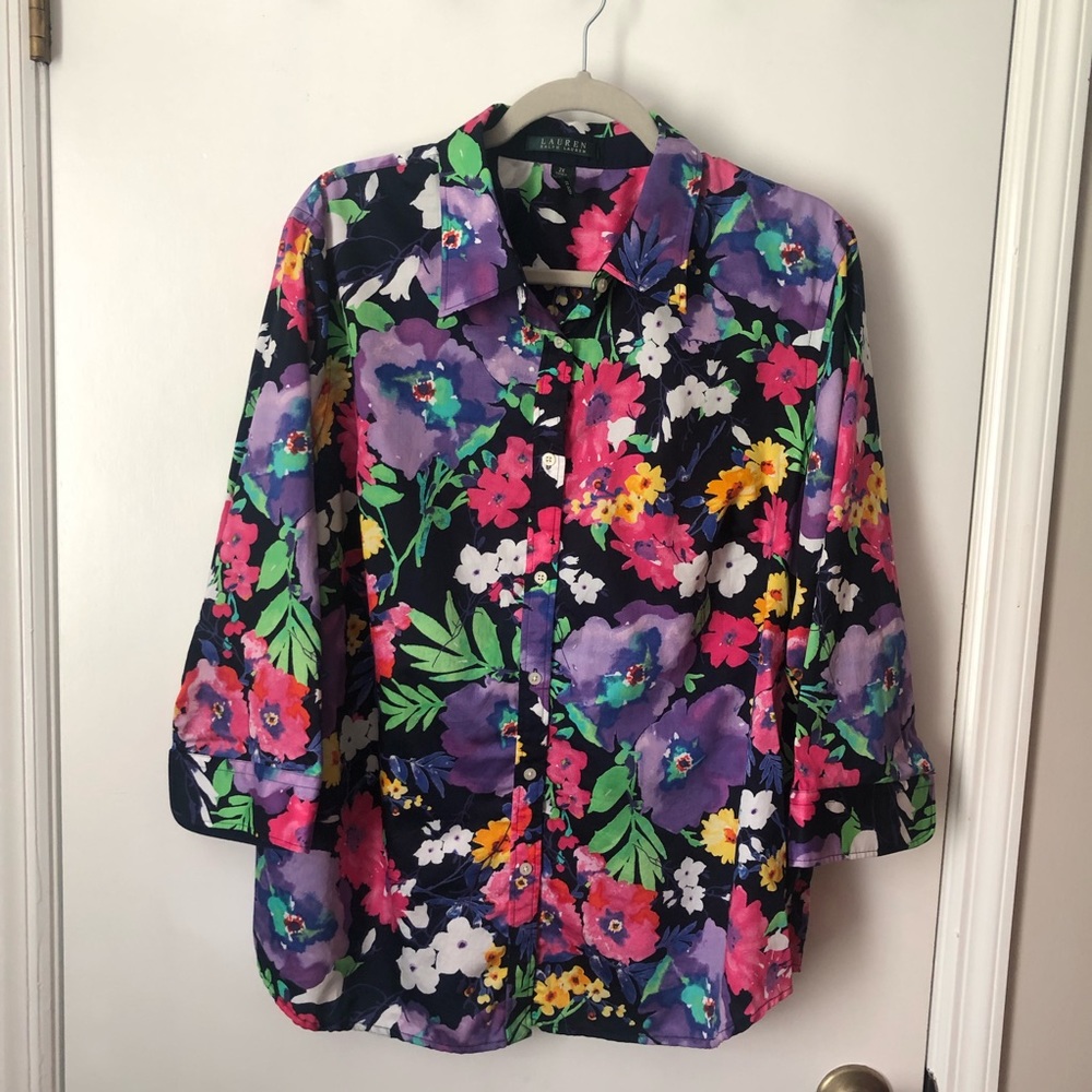LAUREN Ralph Lauren Floral Multicolor Cotton Blouse/Top 3/4 Sleeve Size 2X